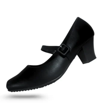 Zapato de vestir Carmel para mujer, negro con tacón bajo y correa con hebilla."