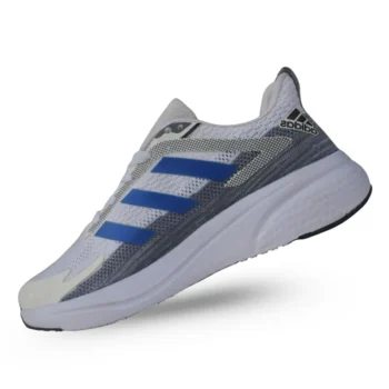 Tenis deportivos blancos con tres franjas azules estilo Adidas Duramo.