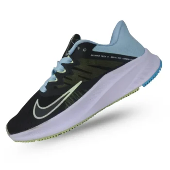 Tenis de running para mujer negros con detalles celestes.